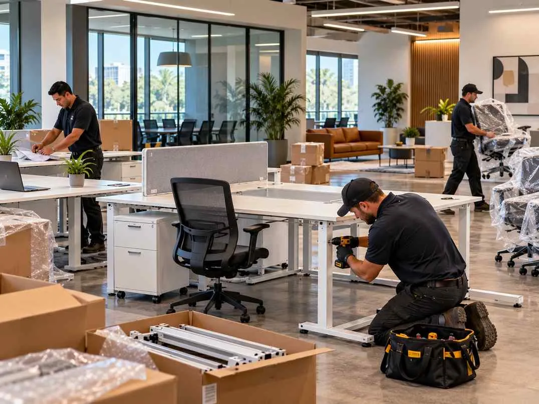 Professional installers assembling modular office workstations during a commercial office relocation in Orlando